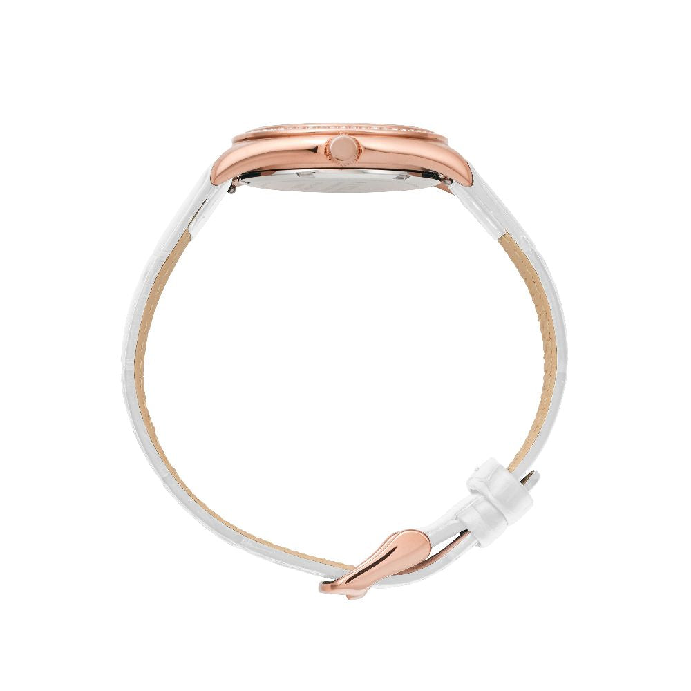 Sydney Crystal-Embellished Analogue Watch  – Rose Gold Tone Dial, Rose Gold Tone Case & White Leather Band