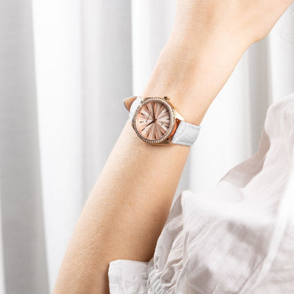 Sydney Crystal-Embellished Analogue Watch  – Rose Gold Tone Dial, Rose Gold Tone Case & White Leather Band