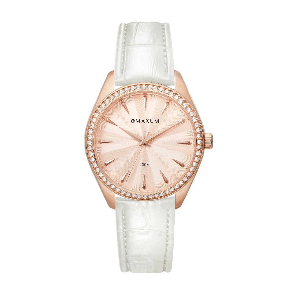 Sydney Crystal-Embellished Analogue Watch  – Rose Gold Tone Dial, Rose Gold Tone Case & White Leather Band