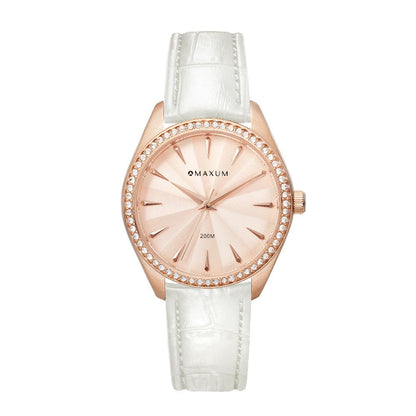 Sydney Crystal-Embellished Analogue Watch  – Rose Gold Tone Dial, Rose Gold Tone Case & White Leather Band