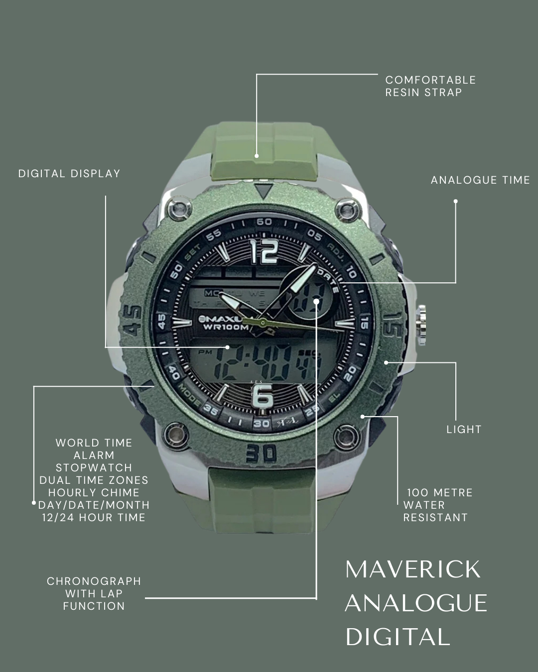 Maxum Maverick Green Analogue Digital Watch with a silver and green-tone case, digital and analogue displays, and a green resin strap on a camo green background with text feature callouts