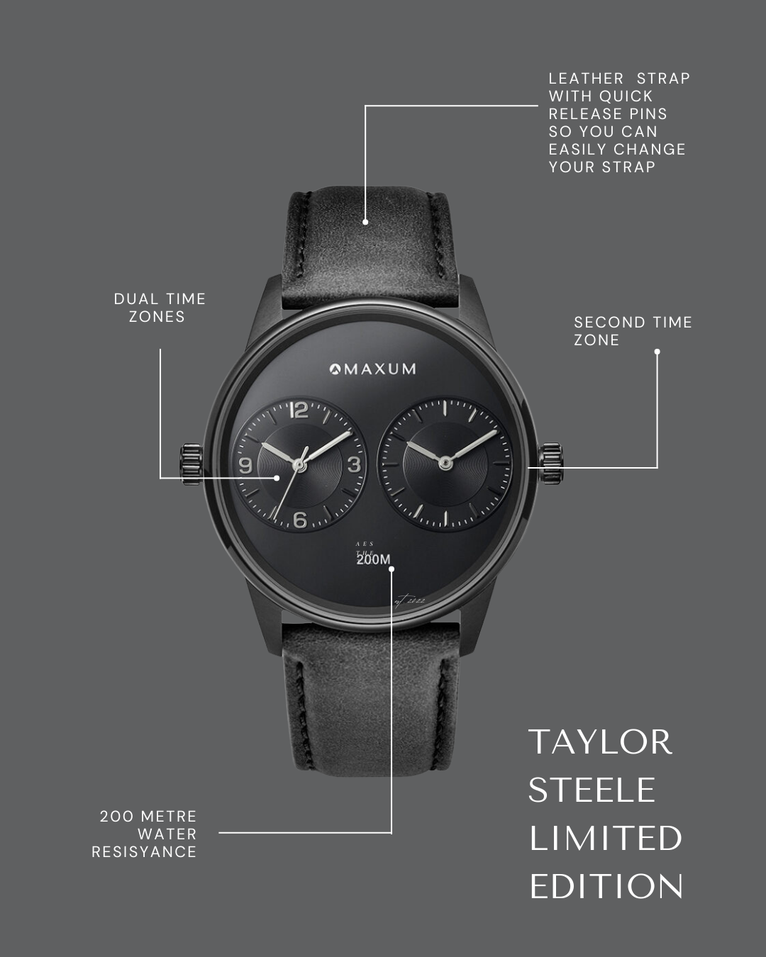 Maxum x Taylor Steele collab- black analog watch with a black dial, black case, and black leather band, with features highlighted on a grey background