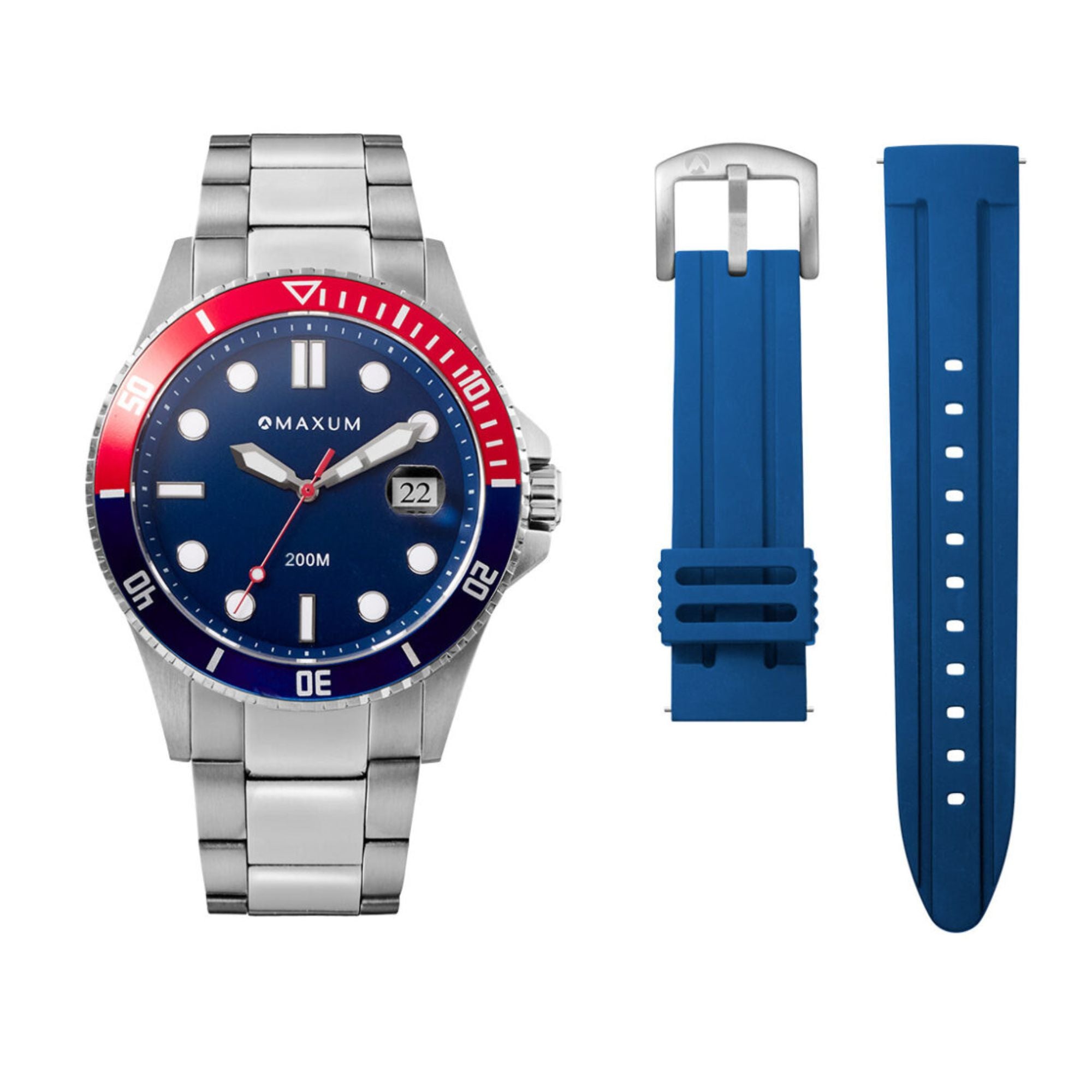 Prince Silver Set- includes Silver Bracelet Watch and Blue Silicone Strap