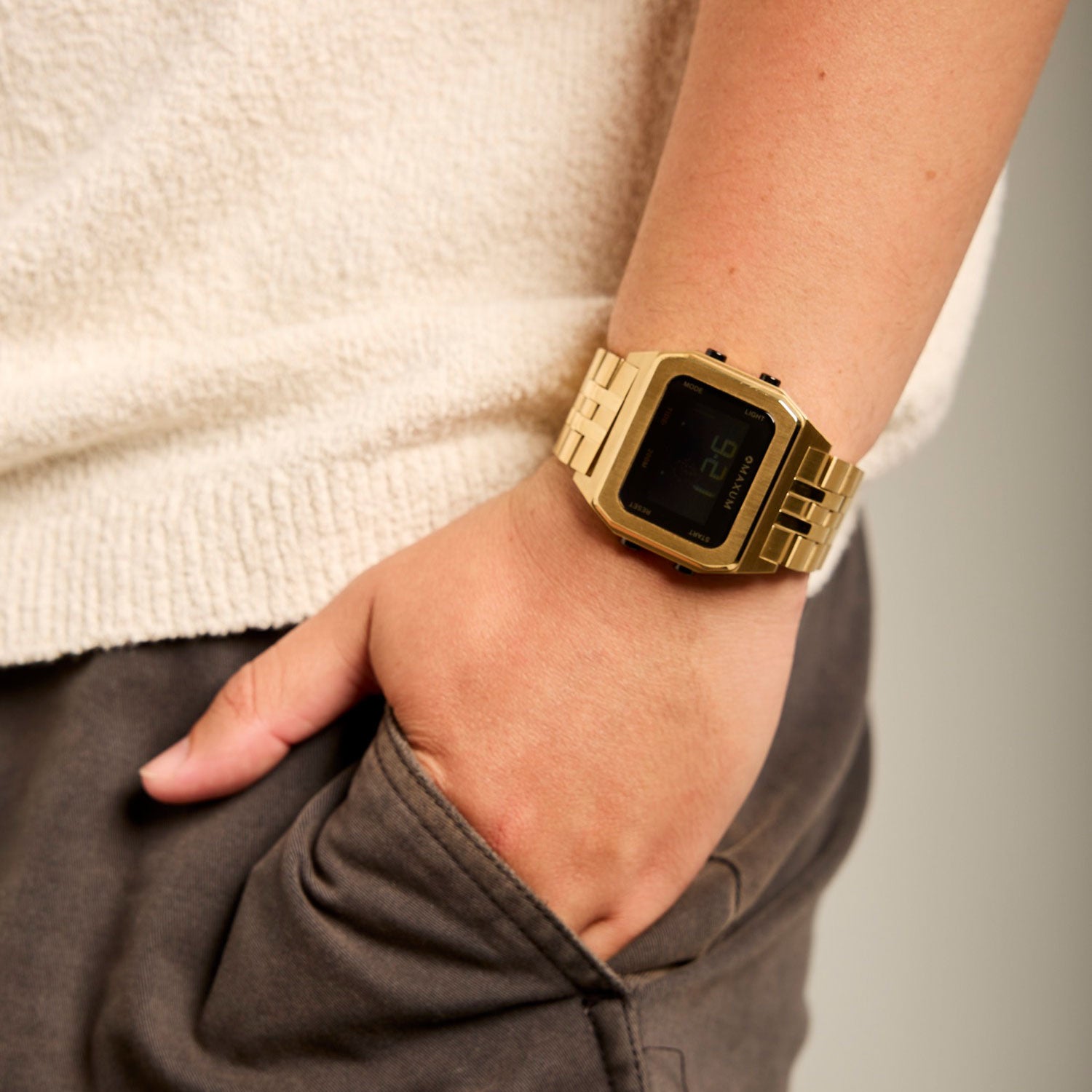 Raglan Digital Square Dial Tide Watch– Gold Case, Black Dial & Gold Bracelet