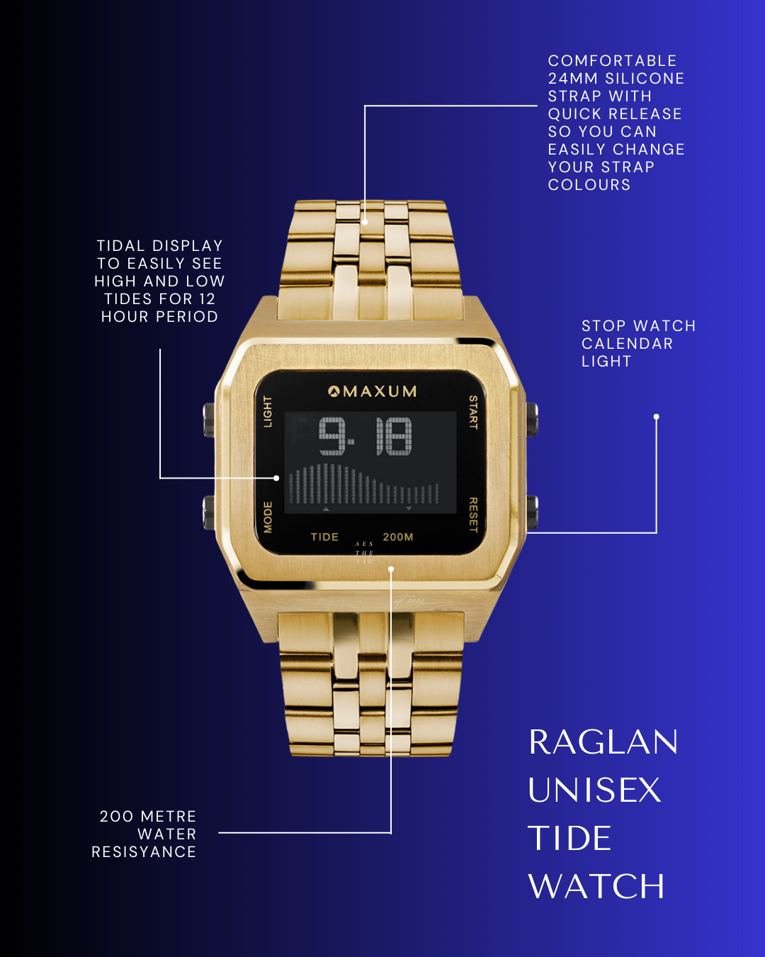 Raglan Tide Gold digital watch with features highlighted on a blue background