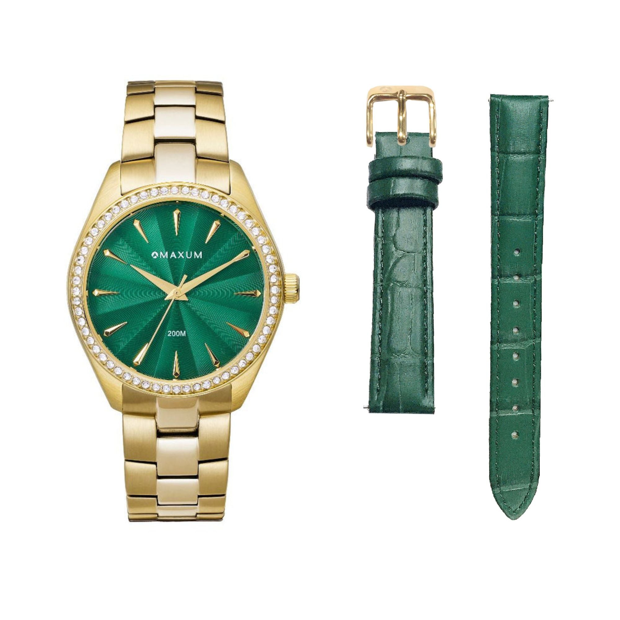 Sydney Green Box Set -Includes Gold Bracelet Watch with Green Leather Strap