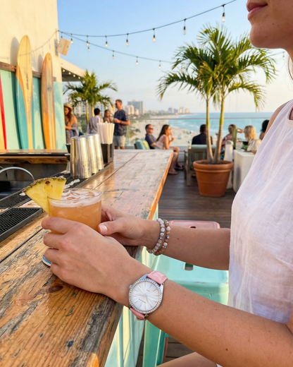 Sydney Crystal-Embellished Analogue Watch –White Dial, Silver Tone Case & Blush Leather Band