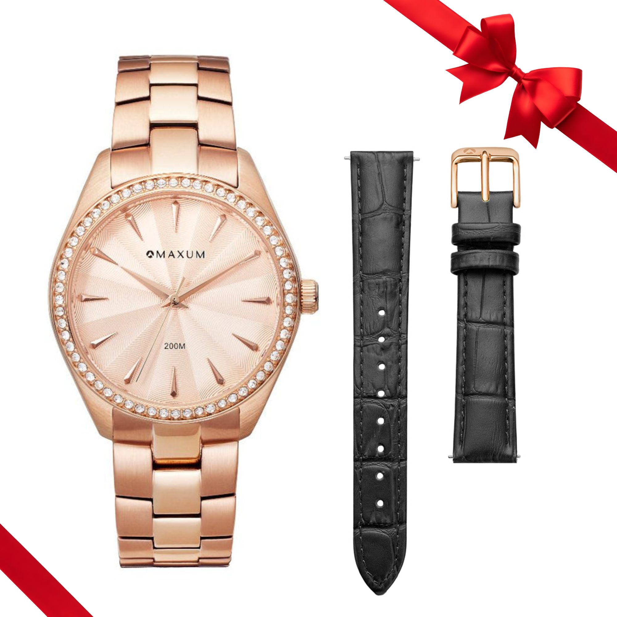 Sydney Rose Gold Box Set -Includes Rose Watch with Black Leather Strap