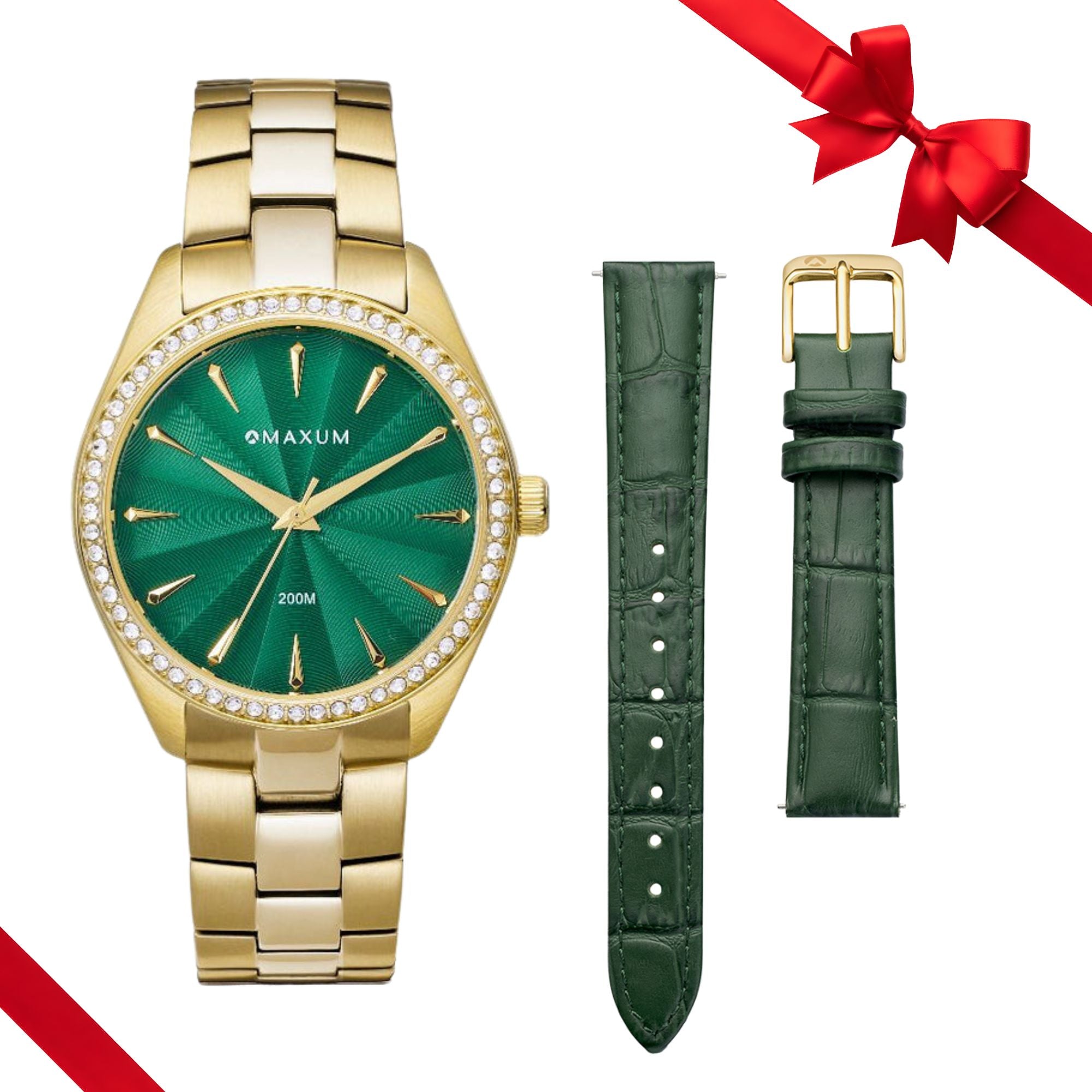 Sydney Green Box Set -Includes Gold Bracelet Watch with Green Leather Strap