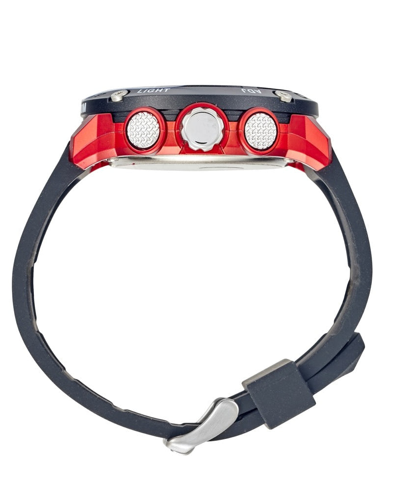 Maxum Conquest Analogue Digital Watch Black & Red with a silicone band and a digital display. Side view
