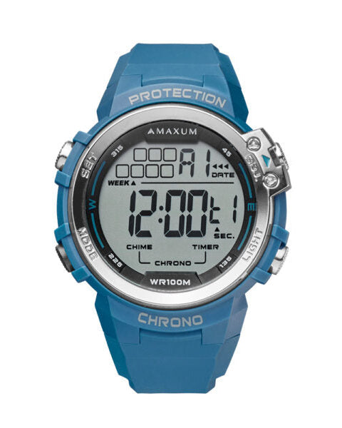 Maxum Explorer Blue Digital Watch with a  blue resin strap, featuring a digital display with silver accent 