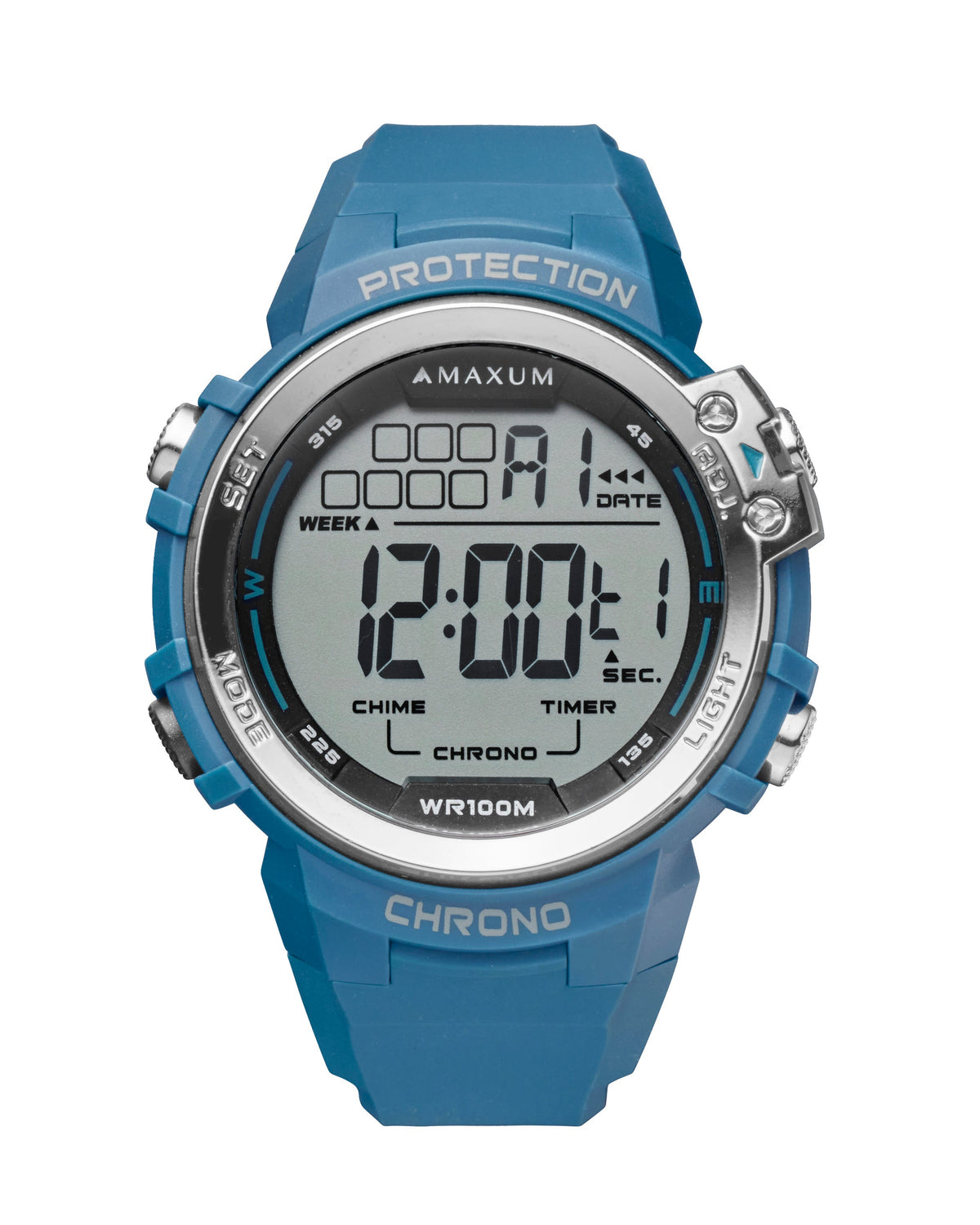 Maxum Explorer Blue Digital Watch with a  blue resin strap, featuring a digital display with silver accents.