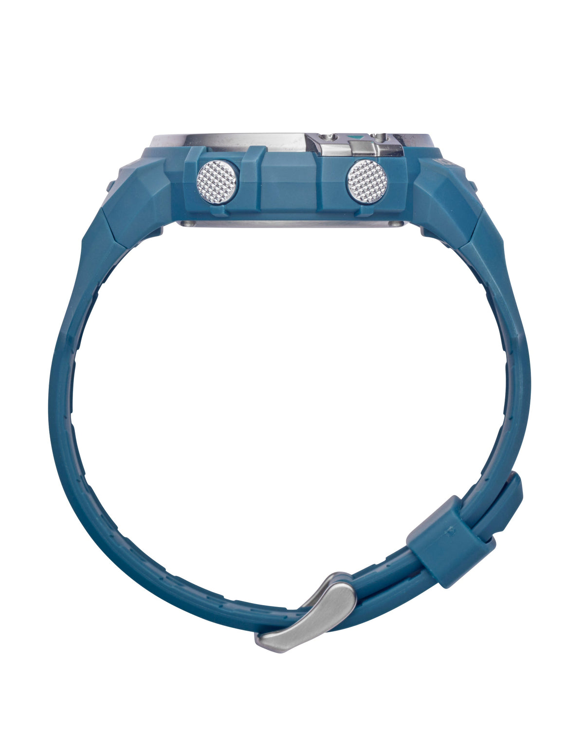 Maxum Explorer Blue Digital Watch with a  blue resin strap, featuring a digital display with silver accent. Side view