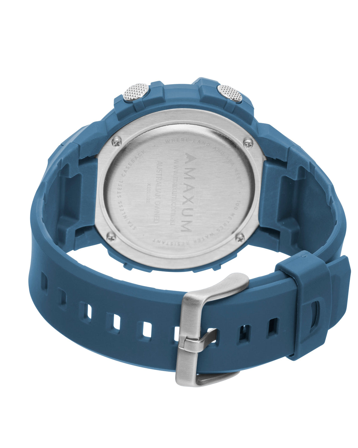 Maxum Explorer Blue Digital Watch with a  blue resin strap, featuring a digital display with silver accent. Back view 