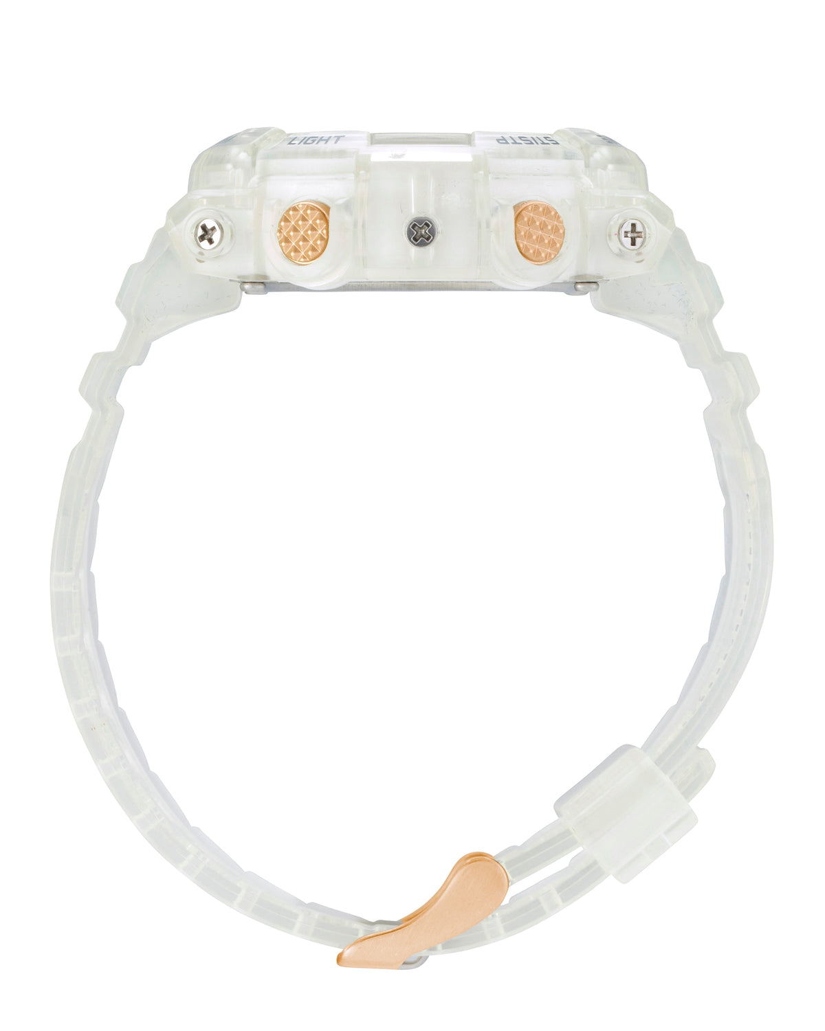 Maxum Endurance digital watch with a clear band and case, featuring a rose gold and white digital display, and buttons for various functions. Side view