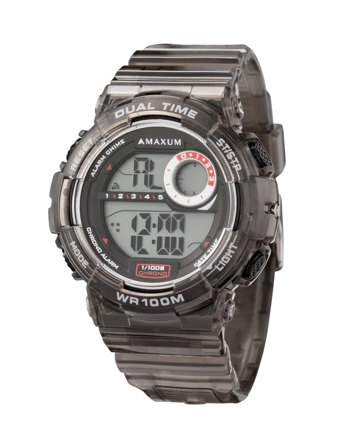 Maxum Endurance digital watch with a black resin strap and a black case, featuring a digital display, alarm, stopwatch, chronograph, and dual time functions.