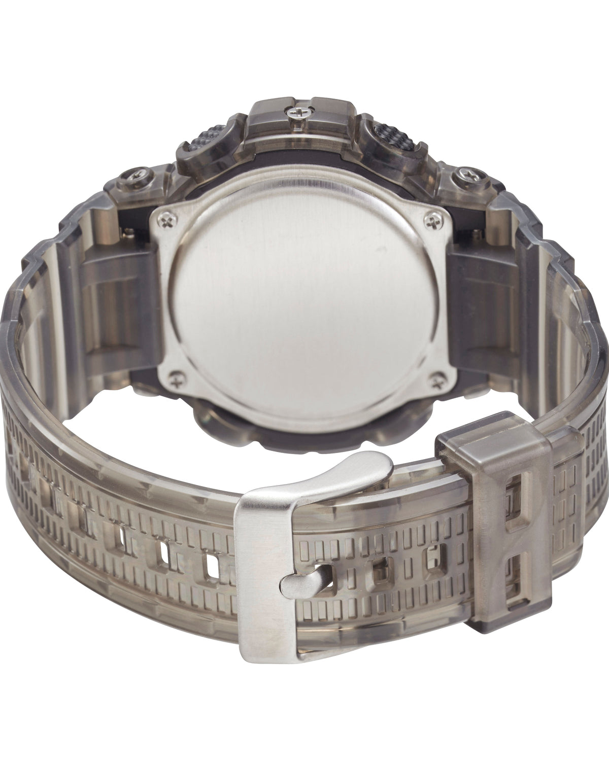 Maxum Endurance digital watch with a black resin strap and a black case, featuring a digital display, alarm, stopwatch, chronograph, and dual time functions. Back view