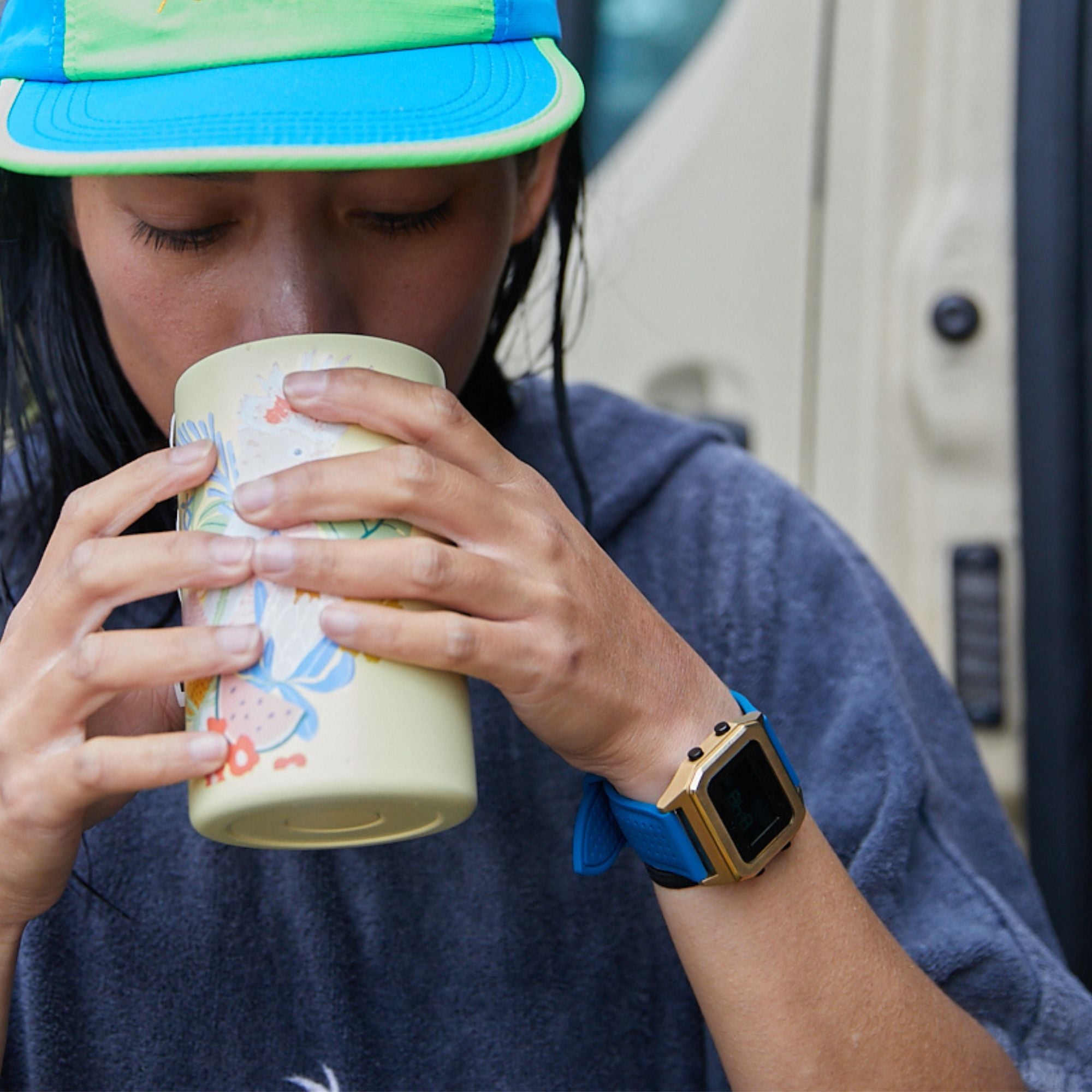 Raglan Digital Square Unisex Tide Watch– Gold Case, Black Dial & Blue Silicone Strap