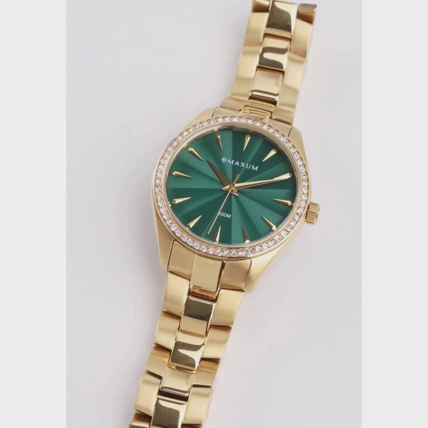Sydney Crystal-Embellished Analogue Watch  –Green Dial, Gold Tone Case & Gold Bracelet