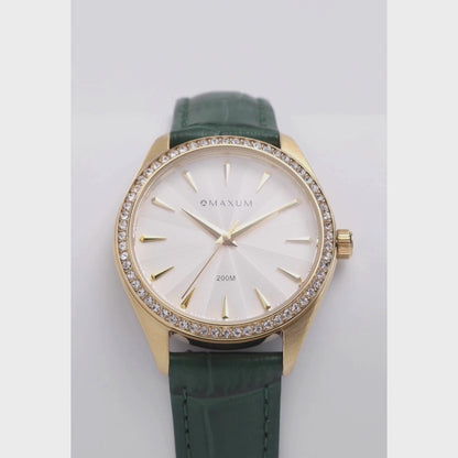 Sydney Crystal-Embellished Analogue Watch  –White Dial, Gold Tone Case & Green Leather Band
