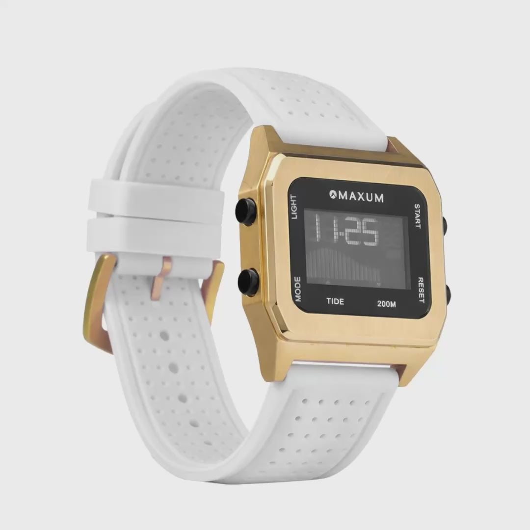 Raglan Digital Square Unisex Tide Watch– Gold Case, Black Dial & White Silicone Strap