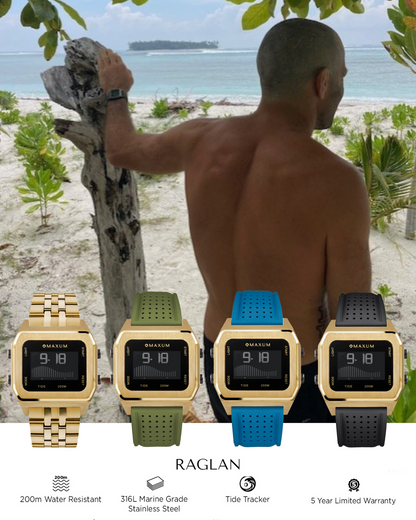 Raglan Digital Square Dial Tide Watch– Gold Case, Black Dial & Green Silicone Strap