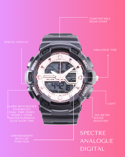 A black and pink Maxum brand analog-digital watch with a resin strap and buckle closure, featuring a digital display with features highlighted on a pink gradient background